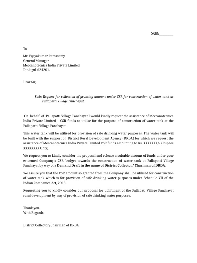 CSR Request Letter Pallapatti Village Panchayat | PDF