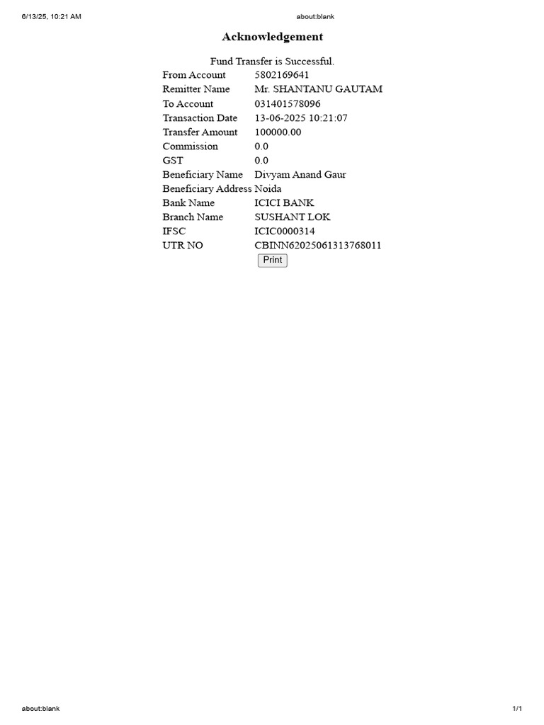 Successful Fund Transfer Receipt | PDF