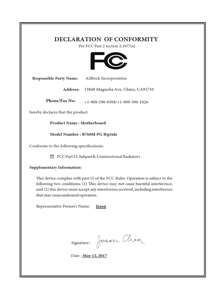 Declaration of Conformity: Phone/Fax No | PDF