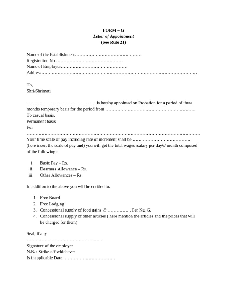 Appointment Letter Template - Form G | PDF