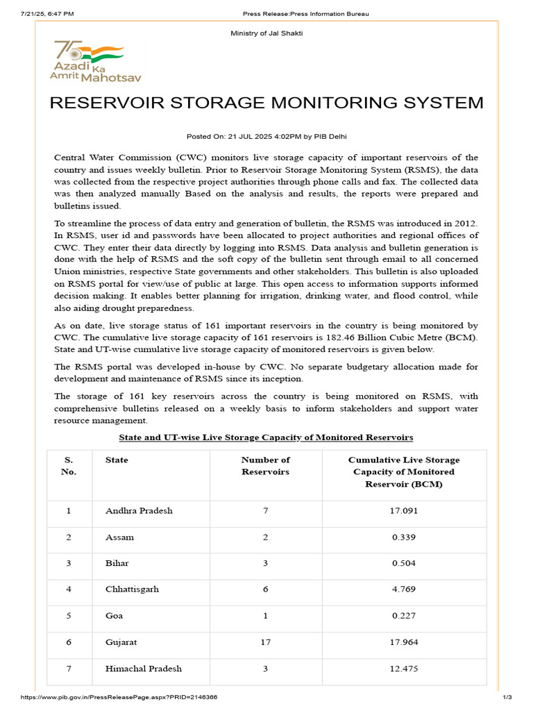 Reservoir Storage Monitoring Update | PDF