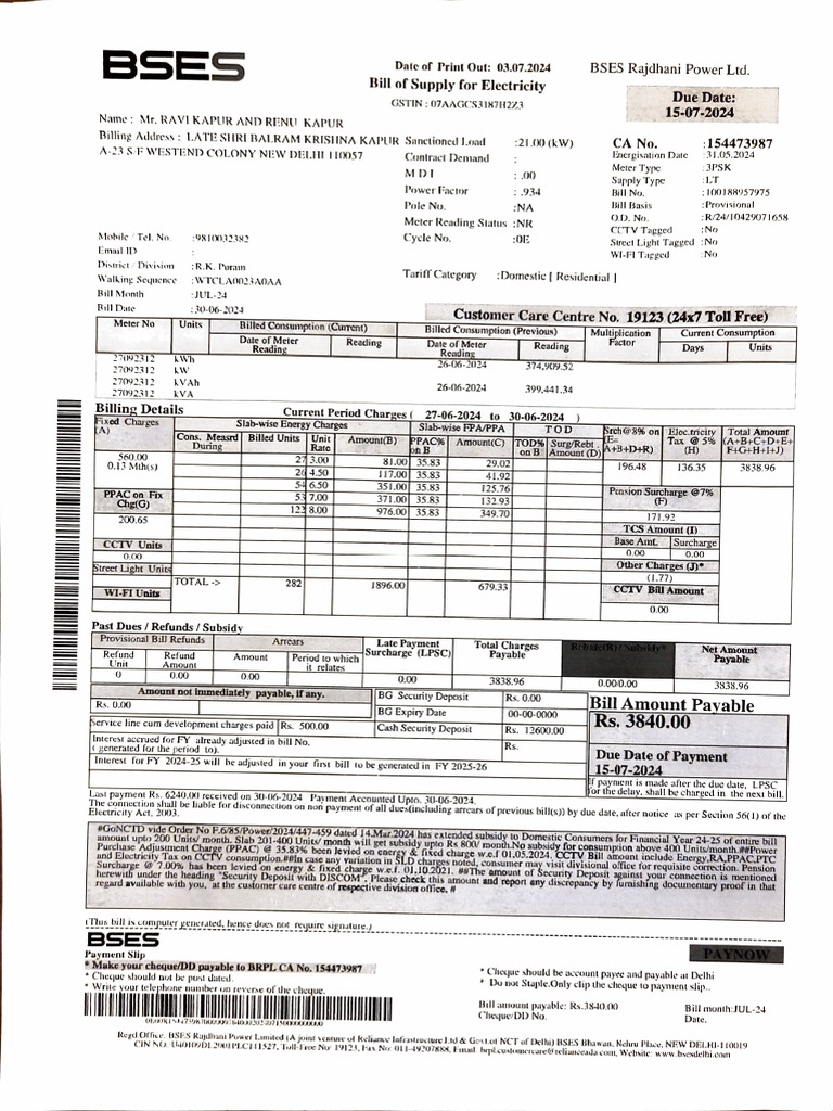 BSES Electricity Bill Summary for July 2024 | PDF | Cheque | Payments