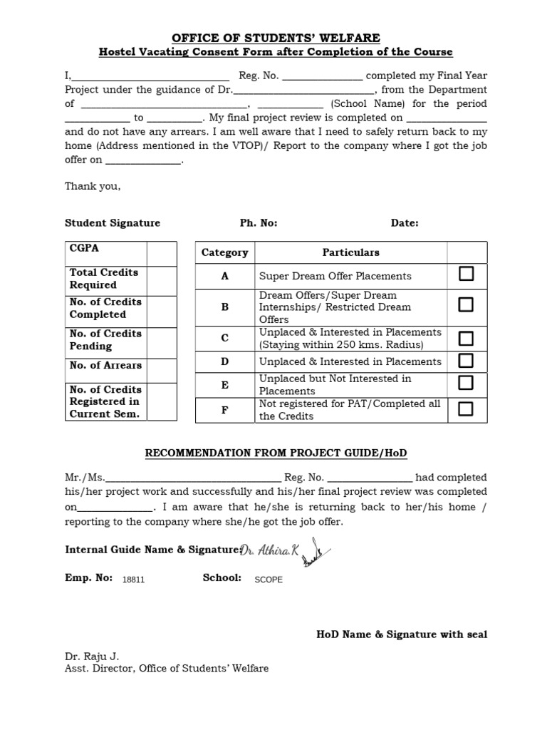 Hostel Vacating Consent Form Template | PDF