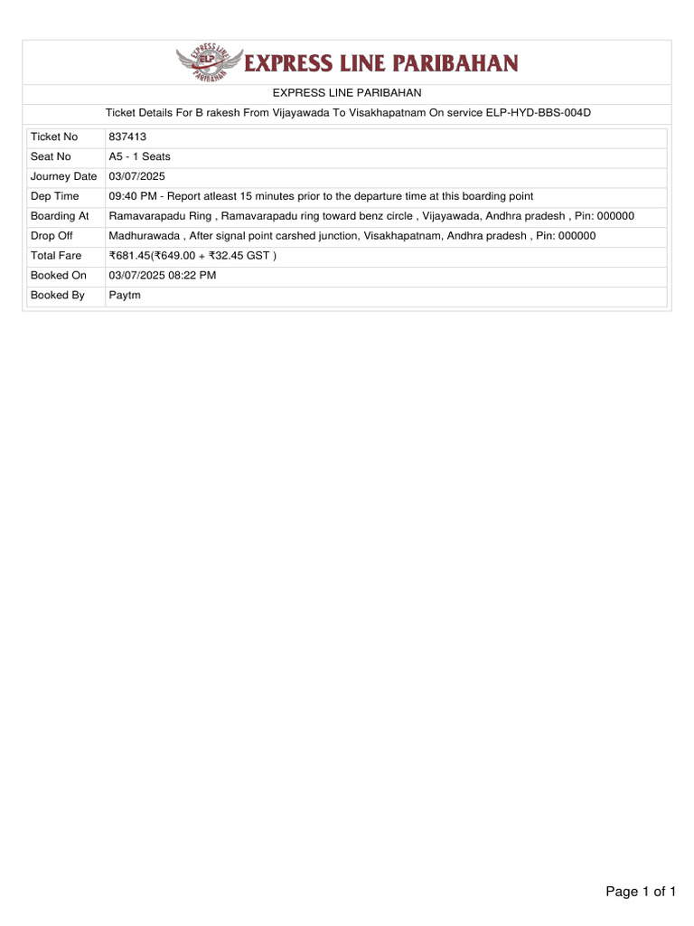 Vijayawada to Visakhapatnam Ticket Details | PDF