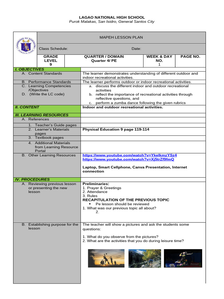 MAPEH Lesson Plan for Grade 9 PE | PDF | Recreation | Learning