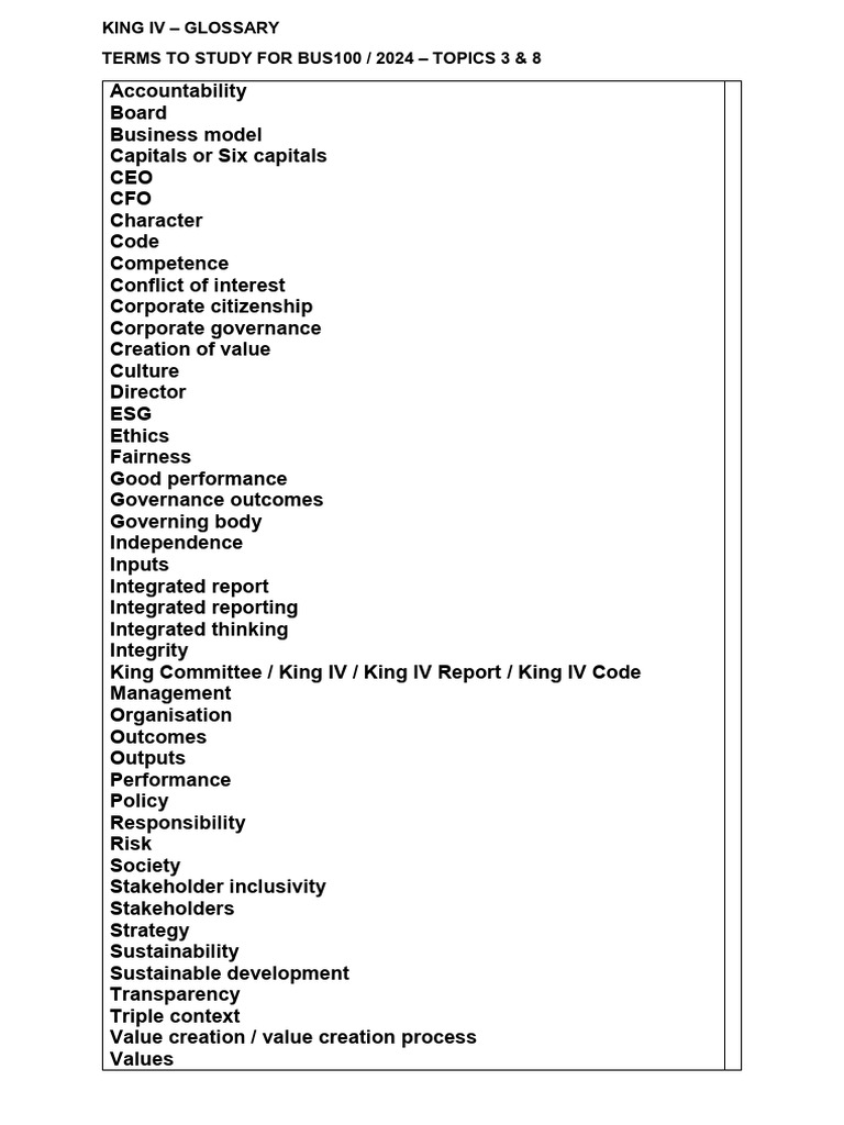 KING IV Glossary of Terms To Study - 2024 | PDF