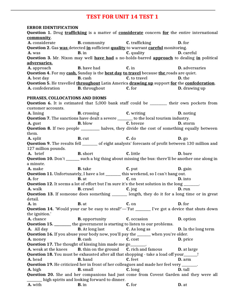 Unit 14 Test 1: Error Identification | PDF