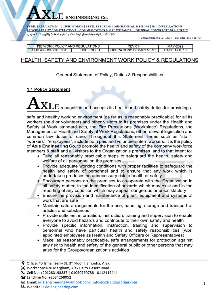 Axle Engineering HSE Policy Overview | PDF | Occupational Safety And ...