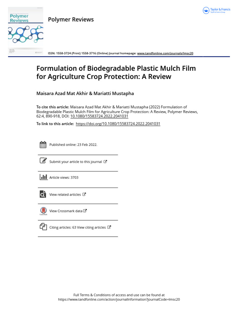 Formulation of Biodegradable Plastic Mulch Film For Agriculture Crop ...