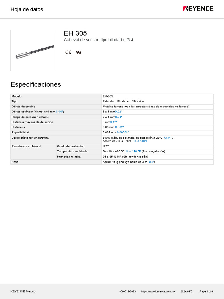 Hoja de datos del sensor EH-305 | PDF