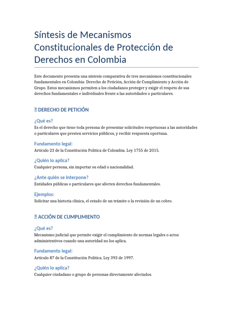 Mecanismos de Protección de Derechos en Colombia | PDF