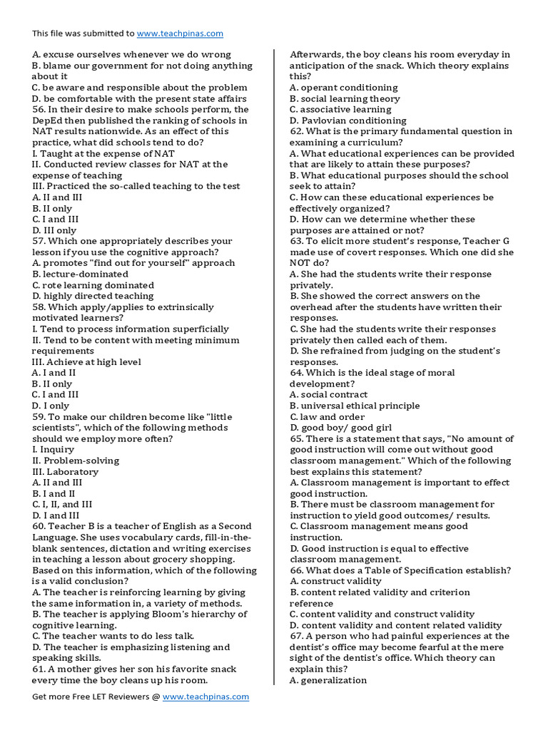 LET Review Questions for Educators | PDF | Classroom Management | Learning