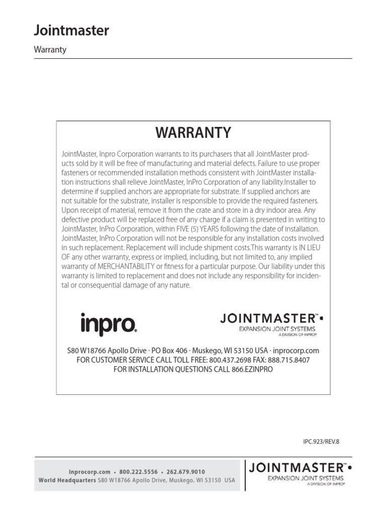 JointMaster Warranty Information | PDF