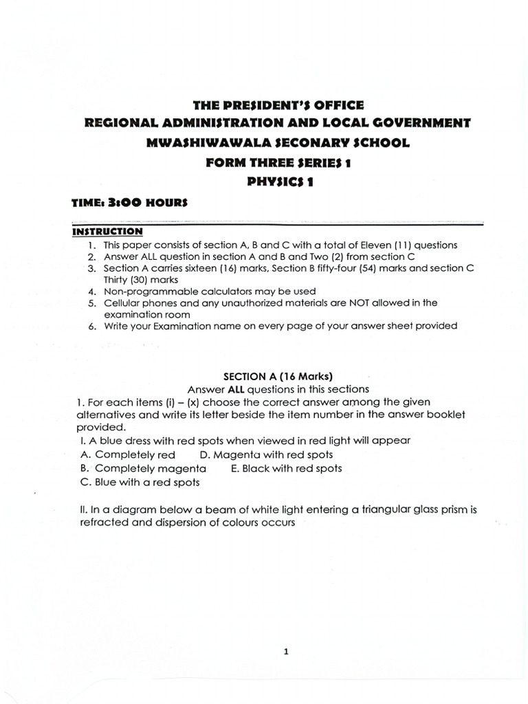 Physics Form Three - Series 1 | PDF