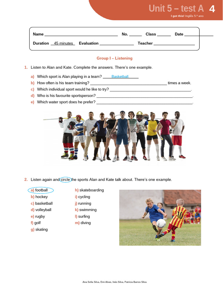 Unit 5 English Test for 5th Grade | PDF | Sports