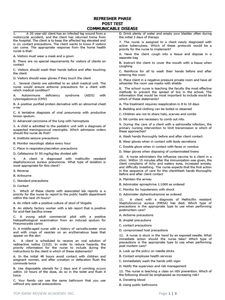 Communicable Disease Post Test Review | PDF | Tuberculosis | Pneumonia