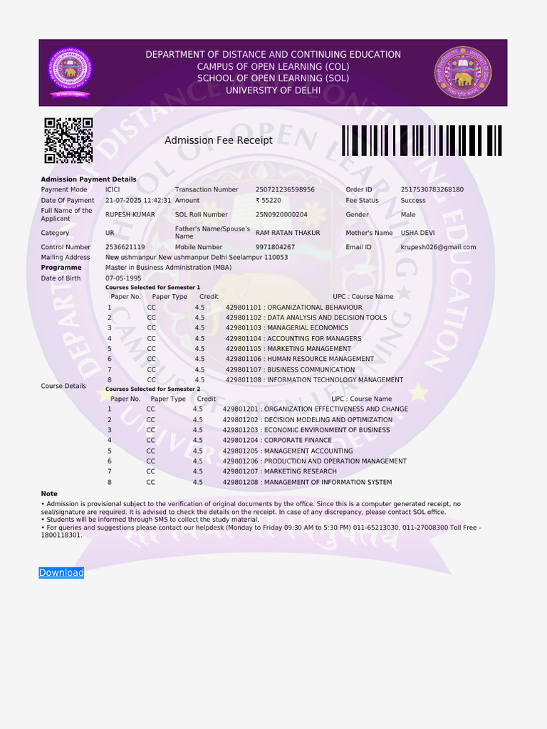 Delhi University MBA Admission Receipt | PDF | Master Of Business ...