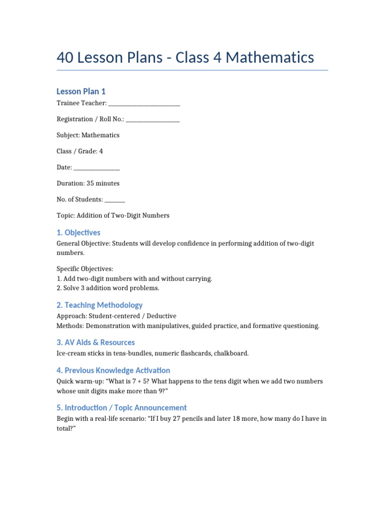 Class 4 Math Lesson Plans: Addition | PDF | Methodology | Mathematics