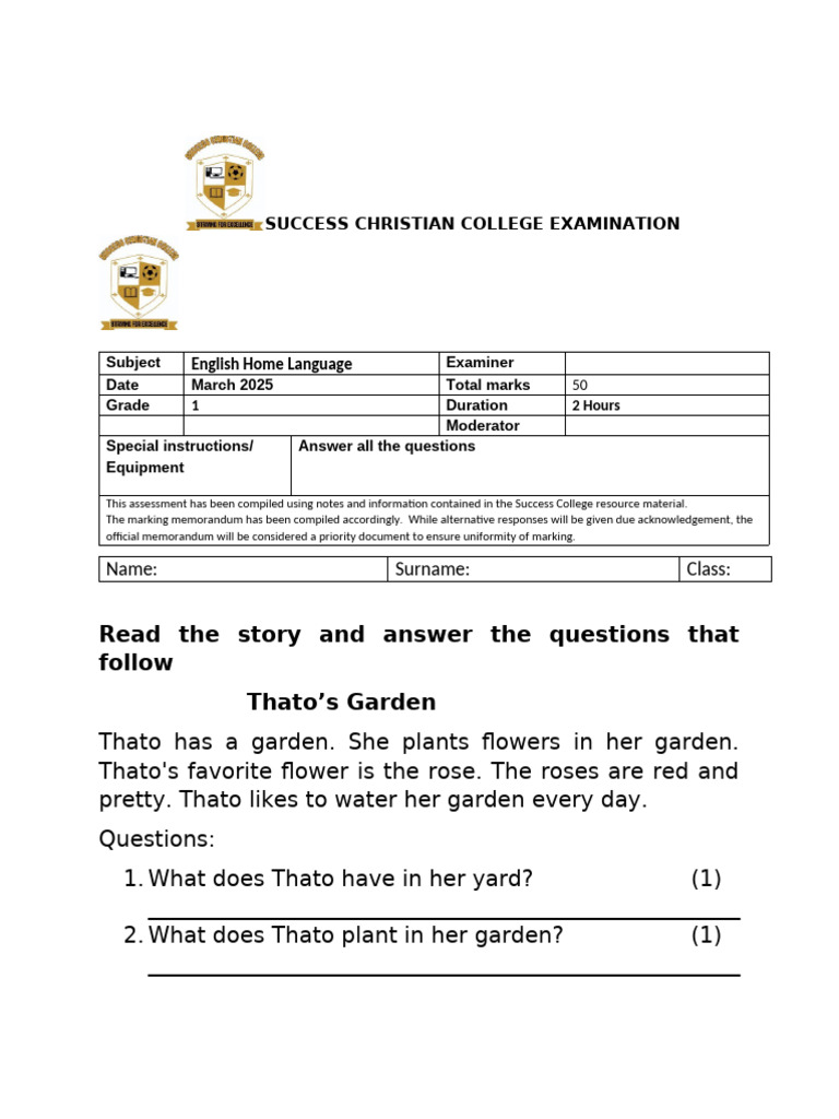 Grade 1 English Exam: Term 1 | PDF