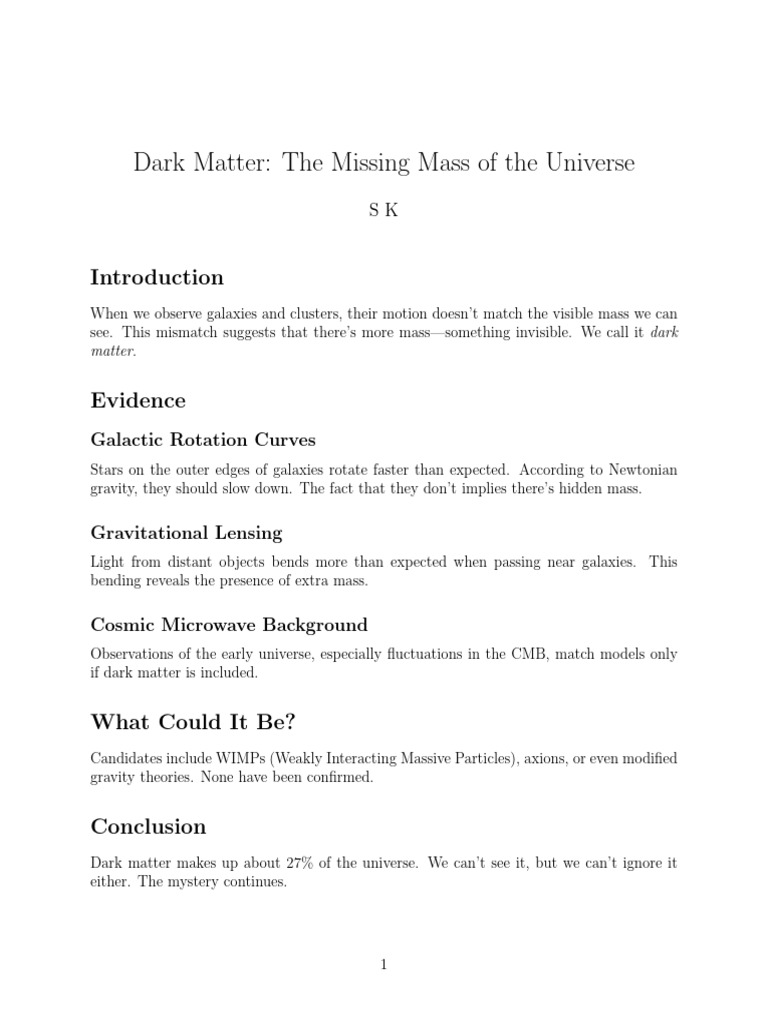 Dark Matter The Missing Mass of The Universe | PDF