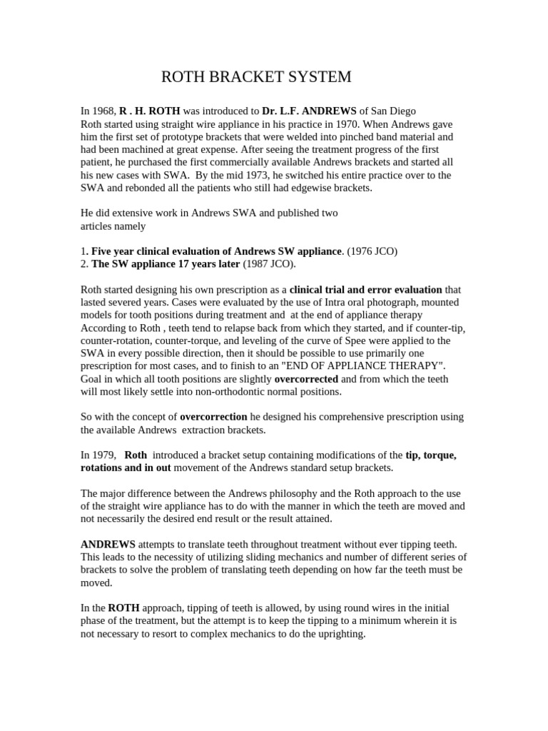 Roth Bracket System Overview | PDF | Orthodontics | Dentistry Branches
