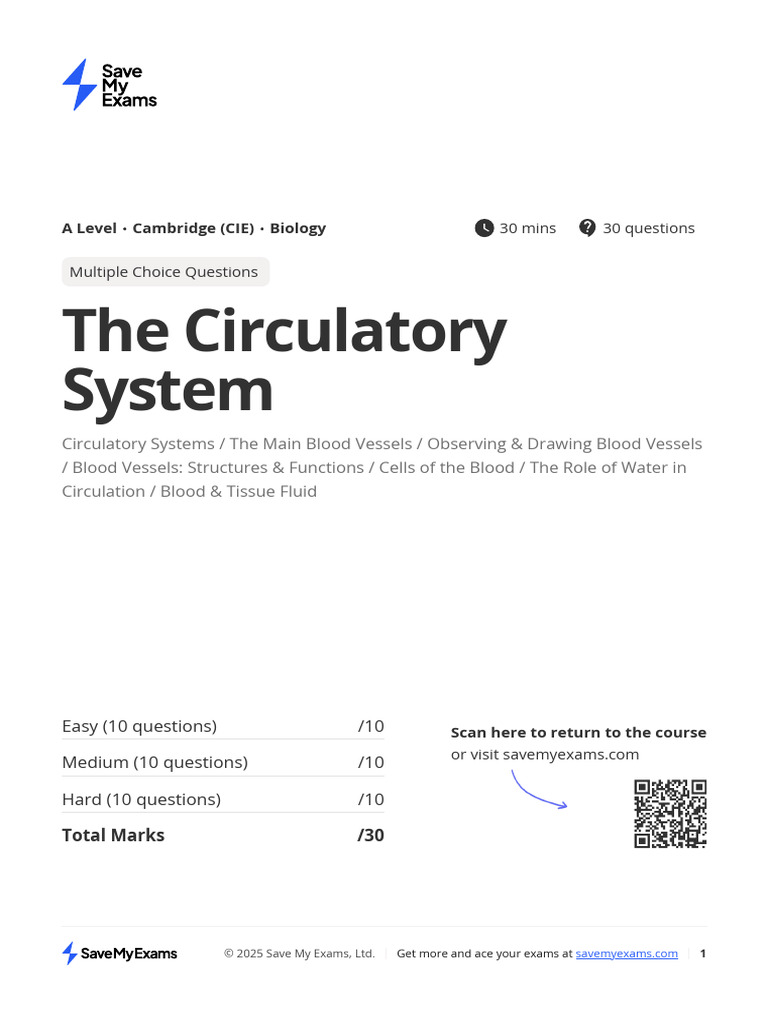 Circulatory System MCQ Practice Test | PDF | Artery | Vein
