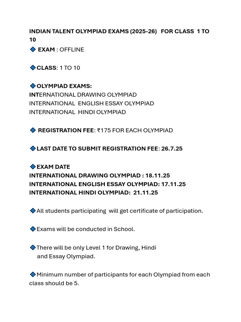 Indian Talent Olympiad 2025 Details | PDF