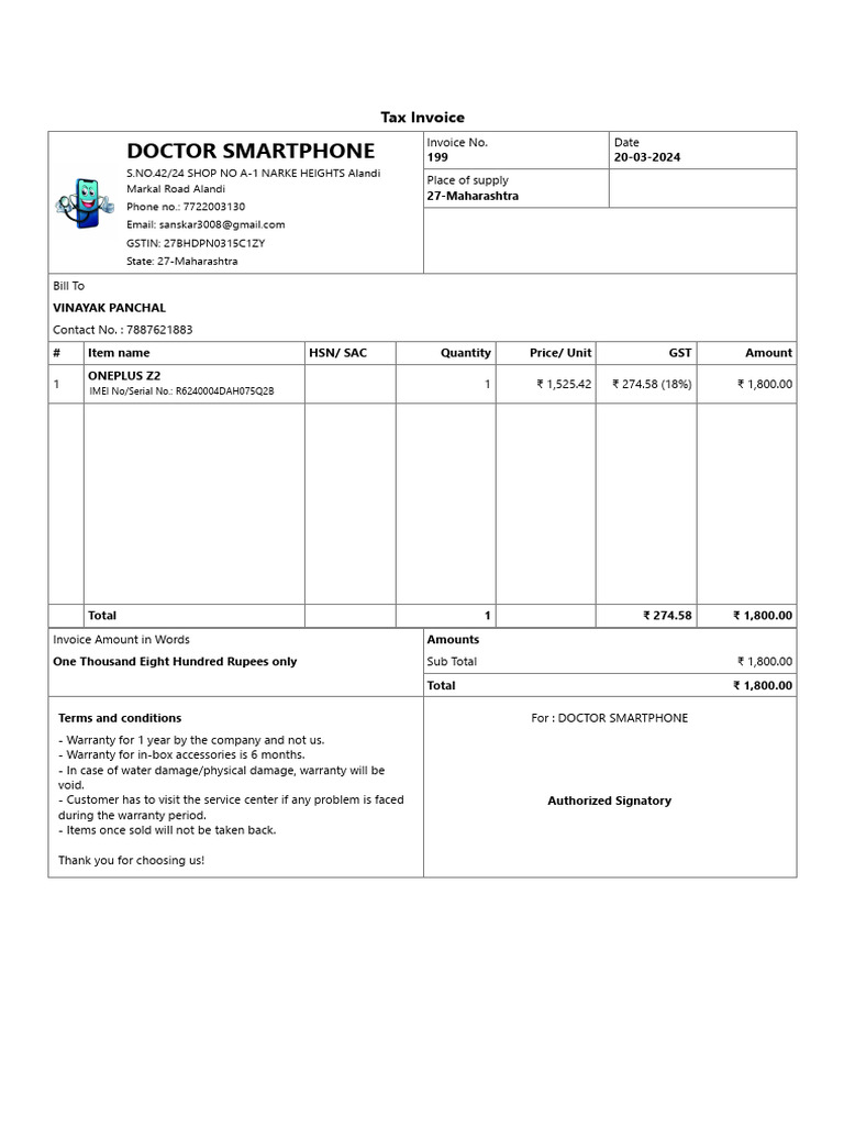 Tax Invoice for OnePlus Z2 Purchase | PDF