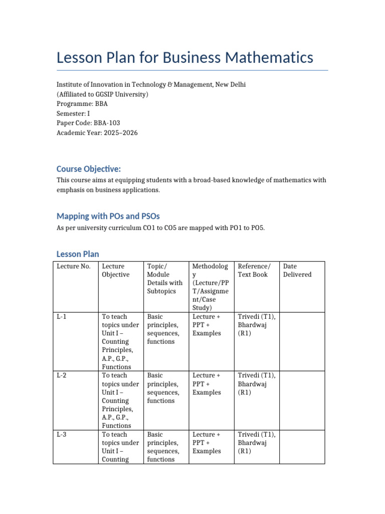 Business Mathematics Lesson Plan | PDF | Determinant | Matrix (Mathematics)