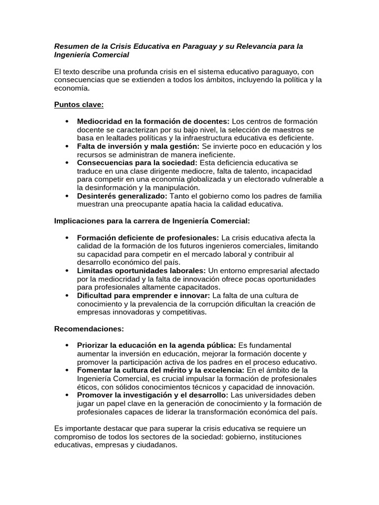 Resumen de La Crisis Educativa en Paraguay y Su Relevancia para La ...