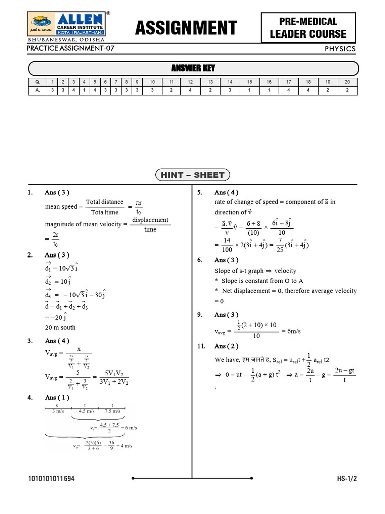 Physics Practice Assignment Answers | PDF | Speed | Chess Theory