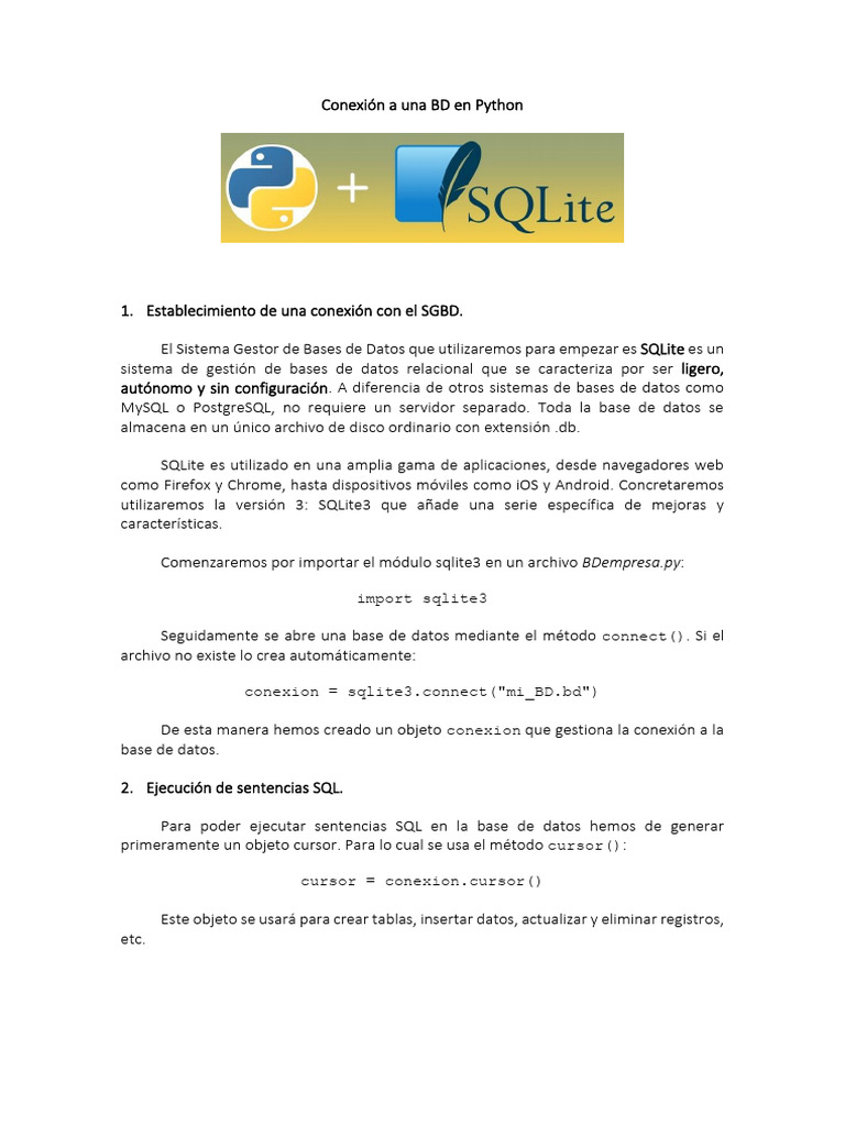 Conexión y gestión de SQLite en Python | PDF | SQL | Bases de datos