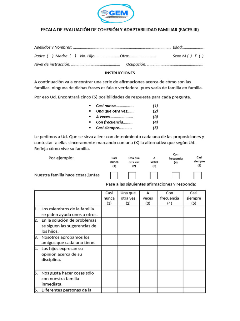 Evaluación de Cohesión Familiar FACES III | PDF