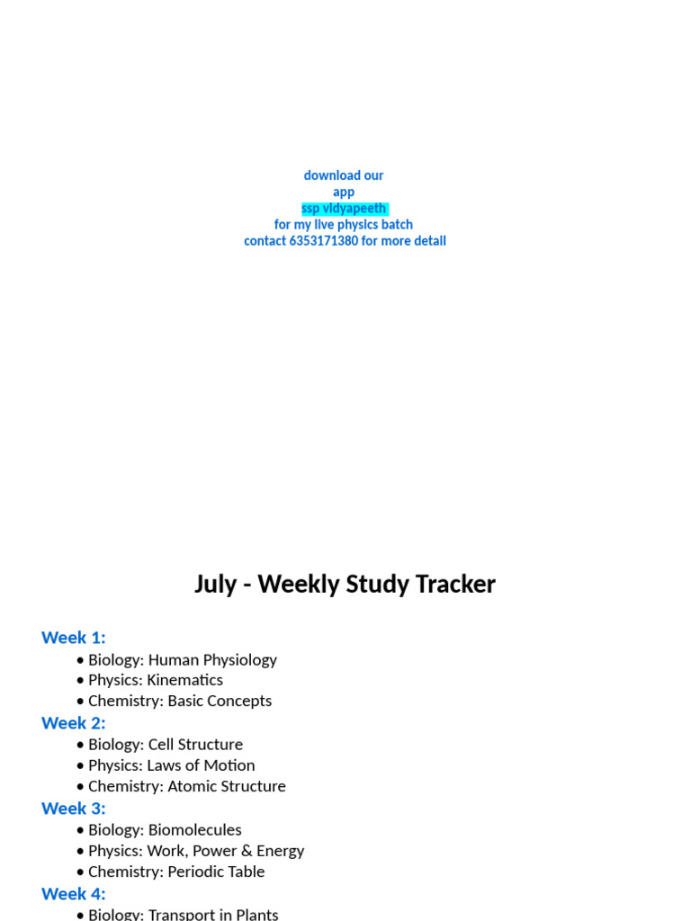 NEET 2026 Weekly Study Tracker PDF | PDF | Chemistry | Physics