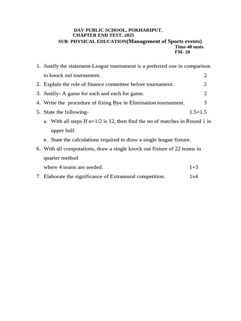 Physical Education Chapter End Tests 2022-2025 | PDF