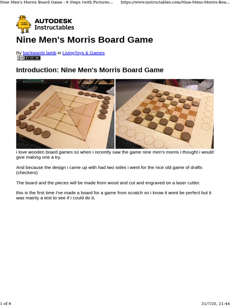 Nine Men's Morris Game Board Guide | PDF | Plywood