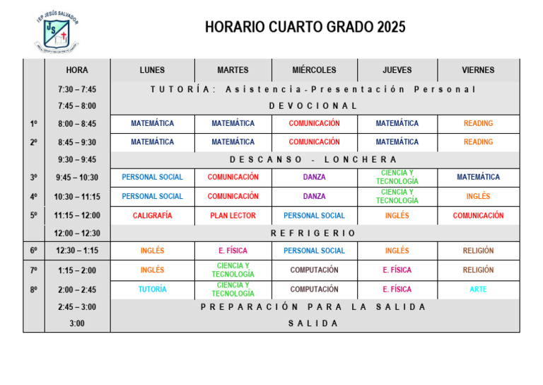 Horario Escolar Cuarto Grado 2025 | PDF