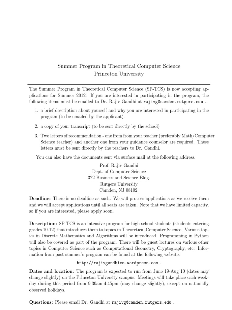 Princeton Summer Program in TCS | PDF