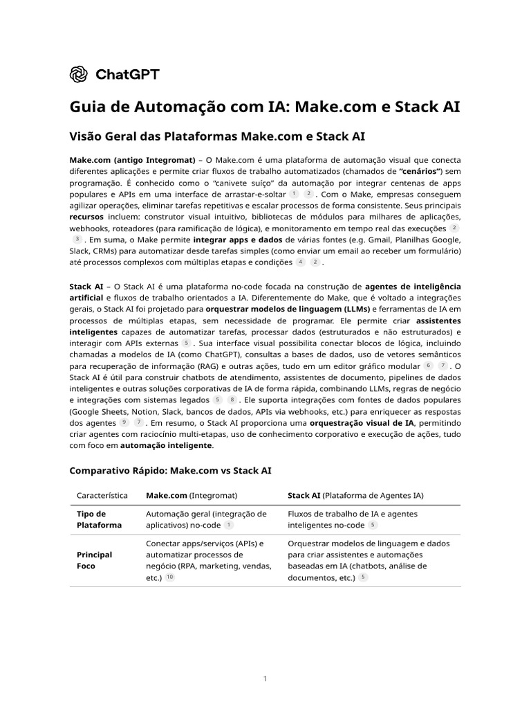 Automação Inteligente: Make.com vs Stack AI | PDF | Gestão de ...