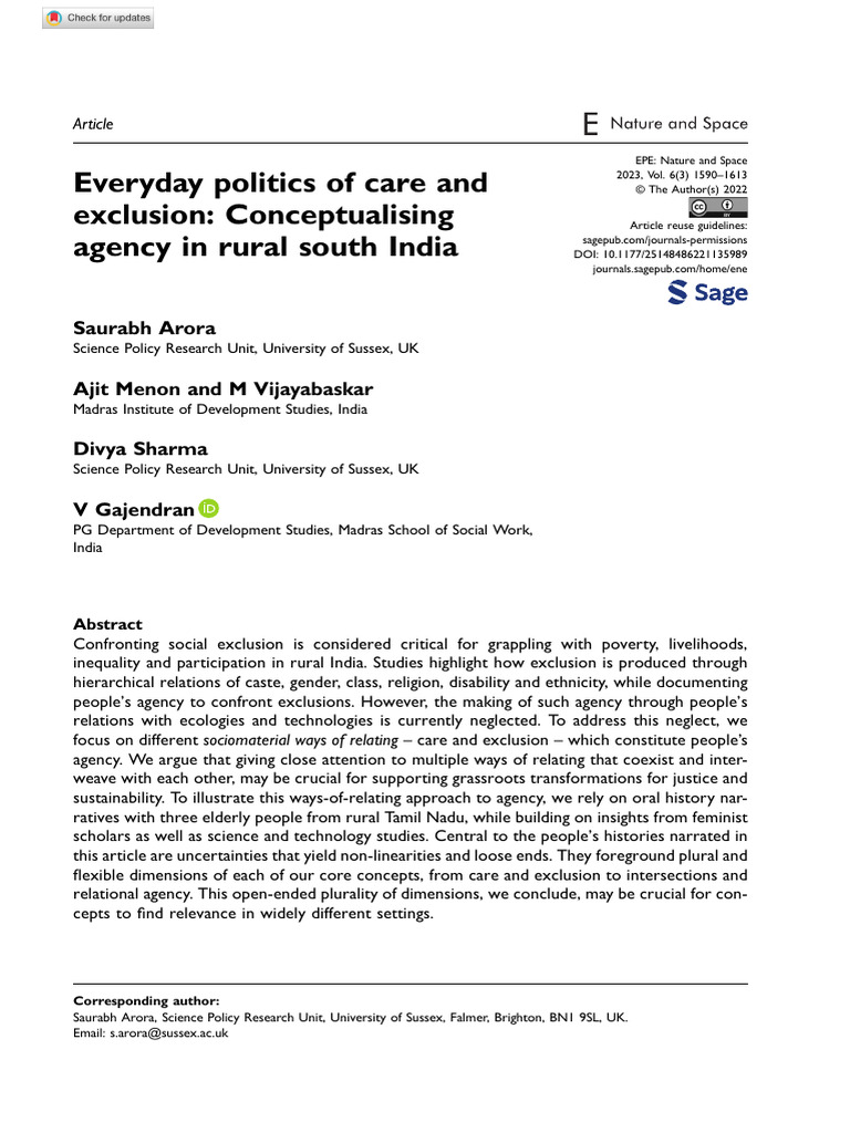 Arora Et Al 2022 Everyday Politics of Care and Exclusion ...