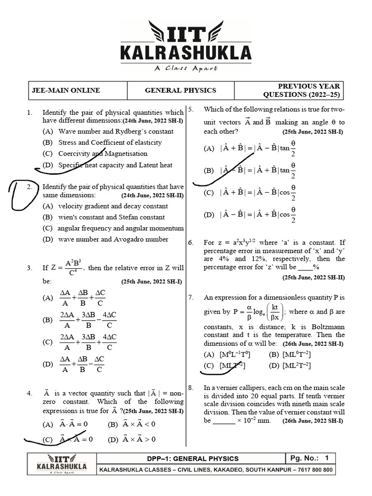 Jee-Main Online General Physics Previous Year QUESTIONS (2022-25) | PDF ...
