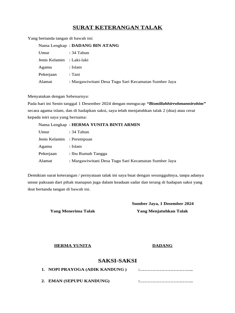 Surat Talak Dadang dan Herma 2024 | PDF