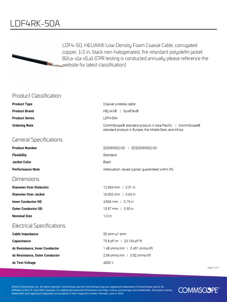 LDF4RK-50A Coaxial Cable Specifications | PDF | Coaxial Cable | Electricity