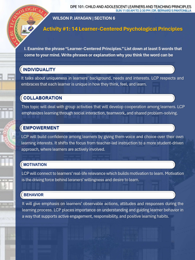 DPE 101 Activity 1 Leaner-Centered Psychological Principles (Wilson ...