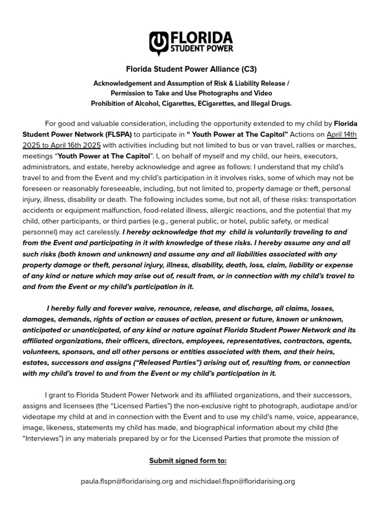 YPAC - Florida Student Power Alliance (C3) | PDF | Indemnity | Private Law