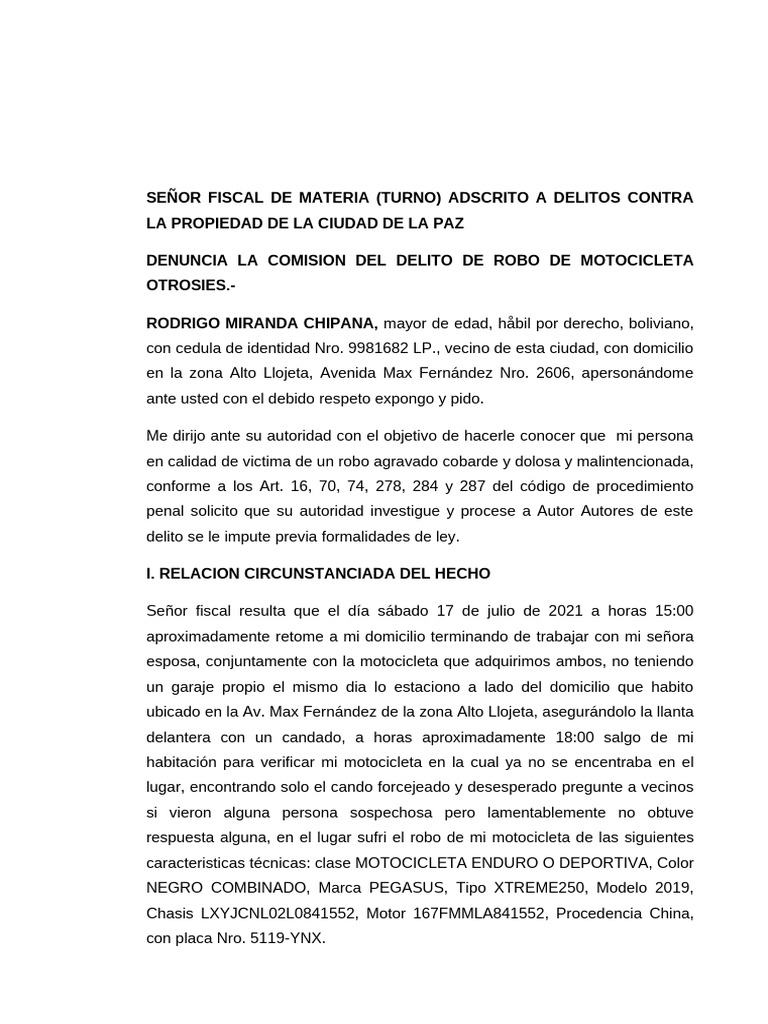 Denuncia por Robo de Motocicleta | PDF | Justicia | Crimen y violencia