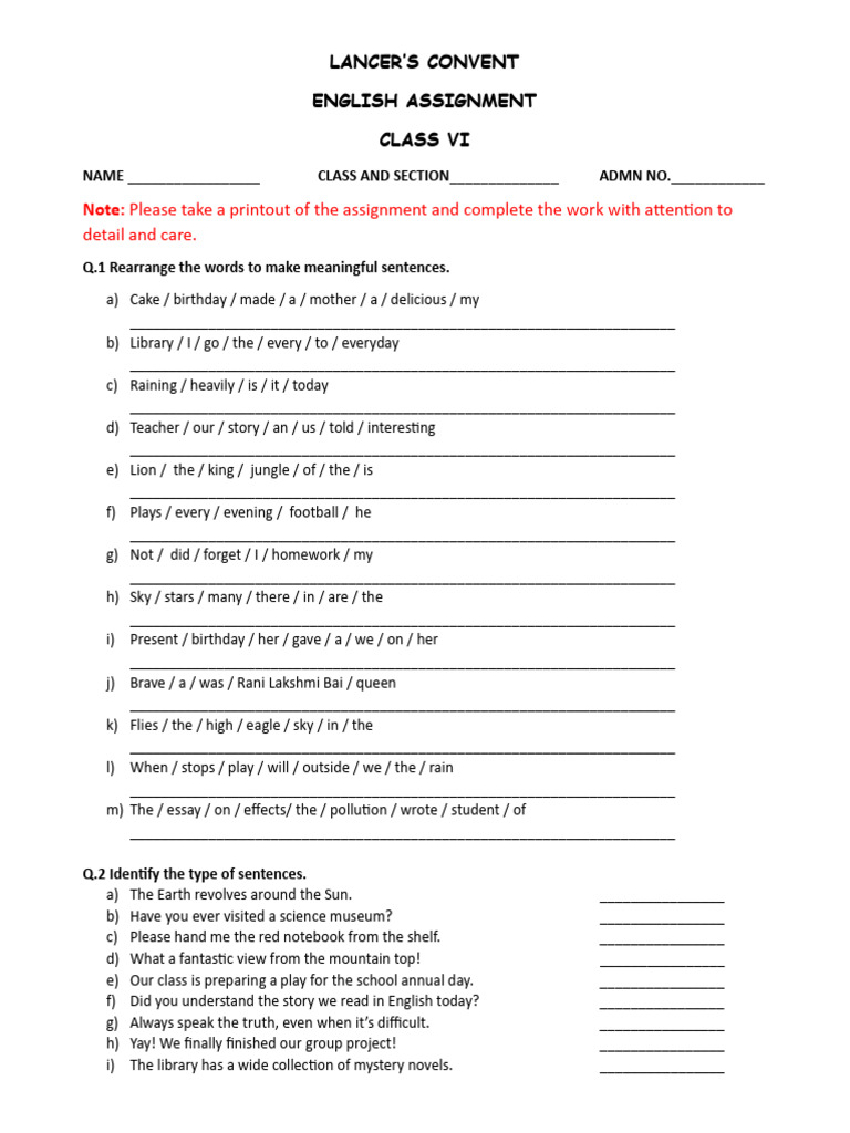 Class VI English Assignment Guide | PDF