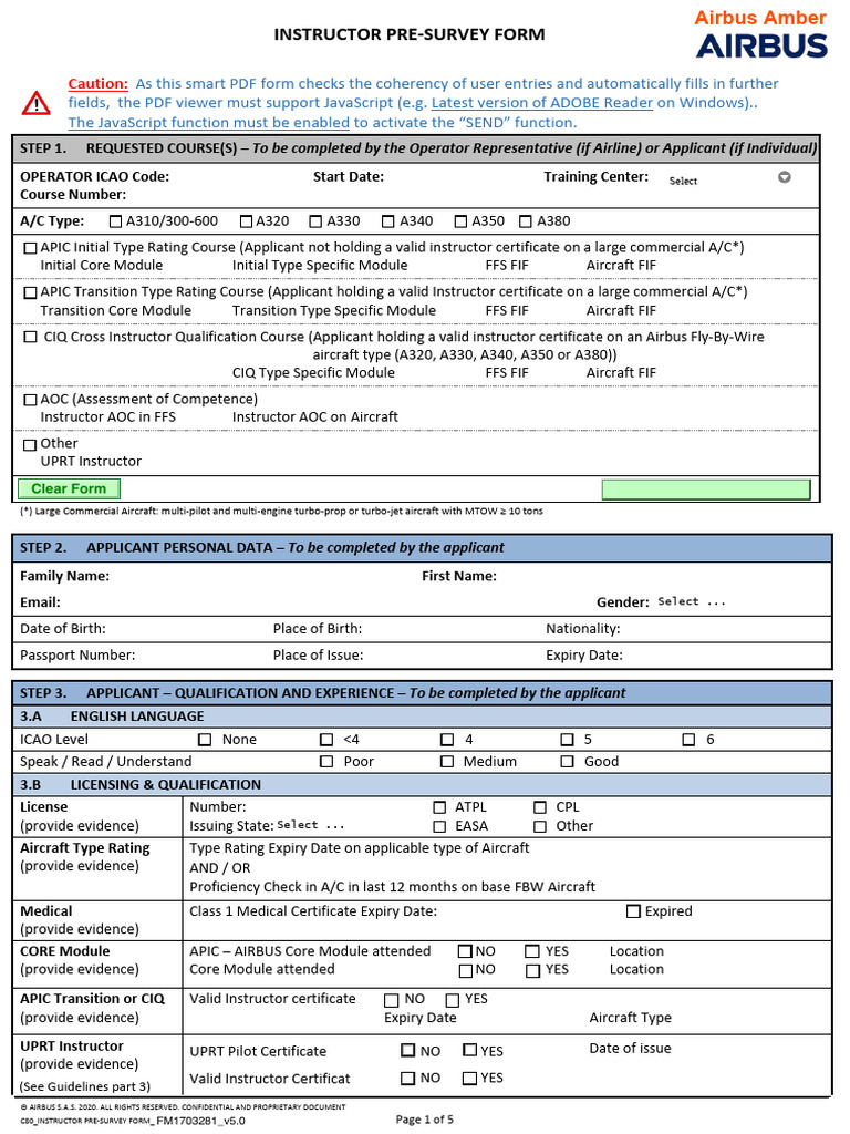 C80 Instructor Pre-Survey Form FM1703281 v5.0 | PDF | Aircraft | Airbus