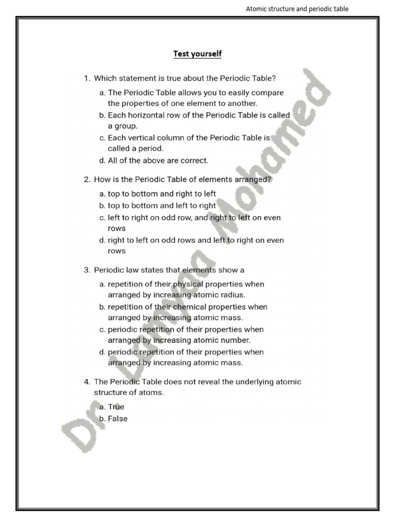Atomic Structure & Periodic Table Quiz | PDF