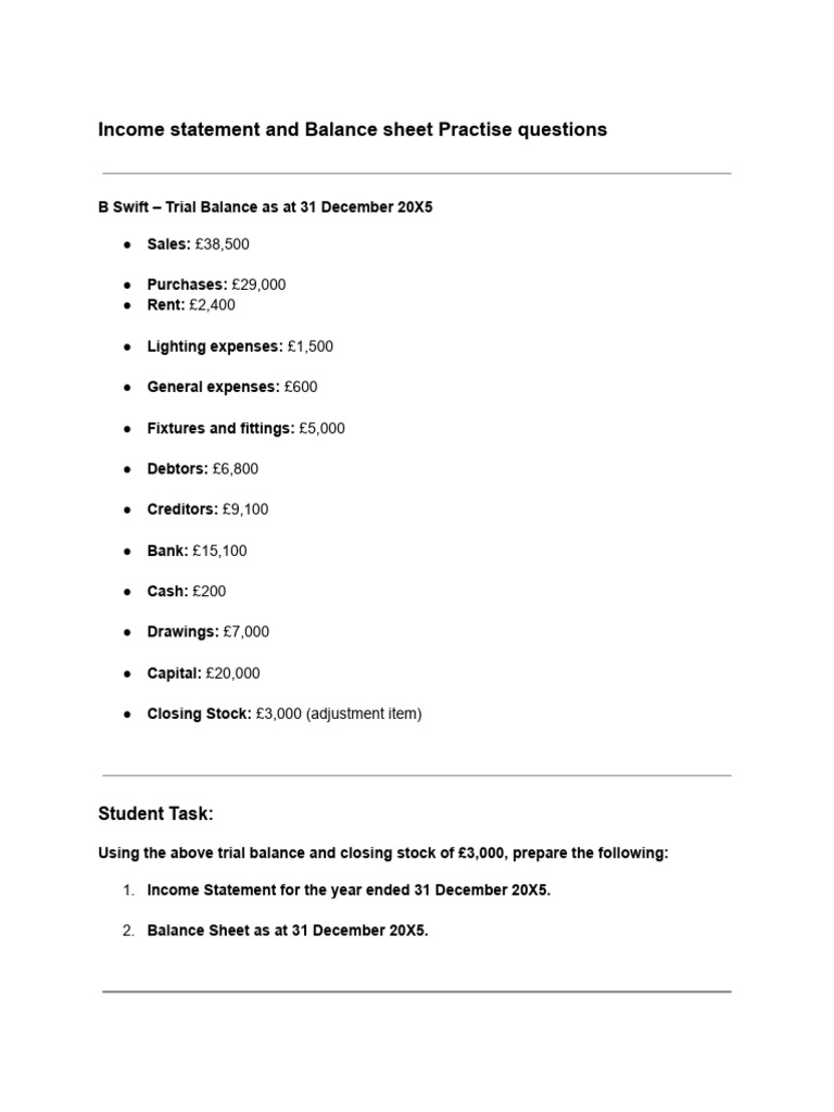 Income Statement & Balance Sheet Practice | PDF